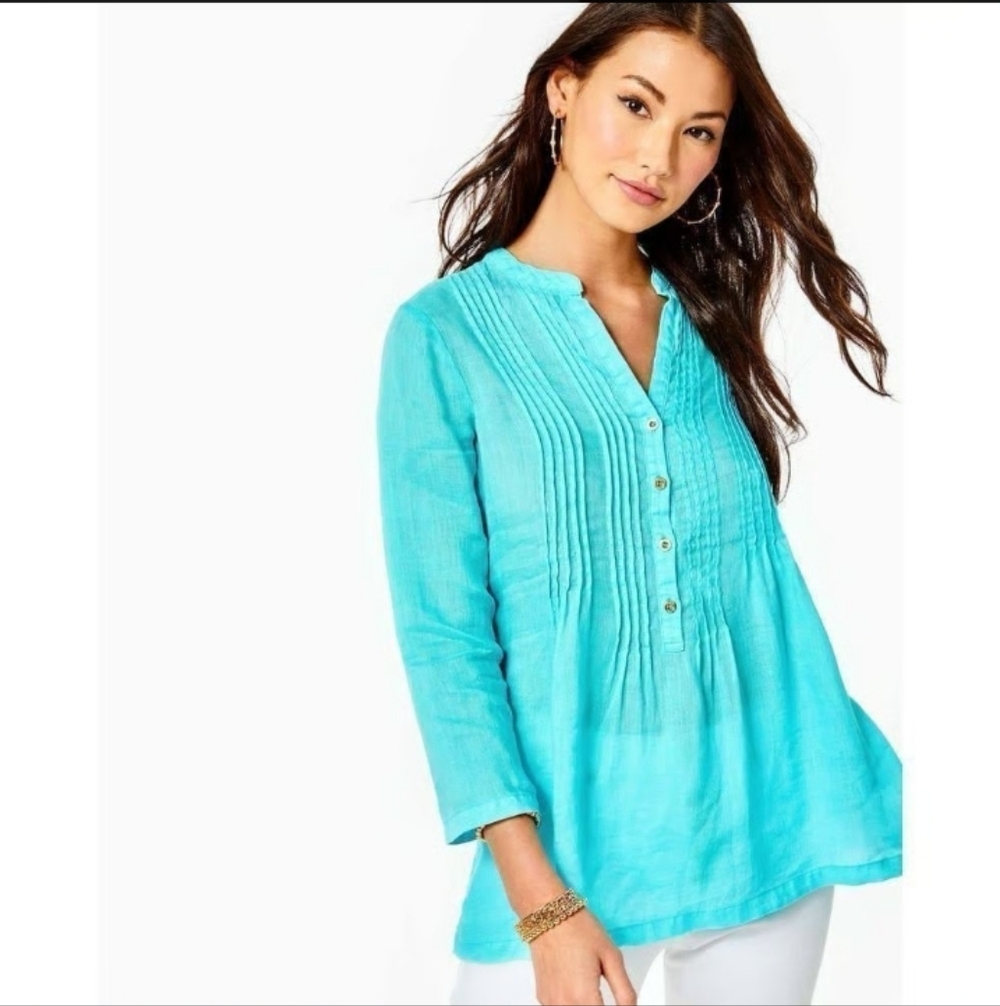 🦄Lilly Pulitzer 100% Linen Turquoise Blouse Size XL